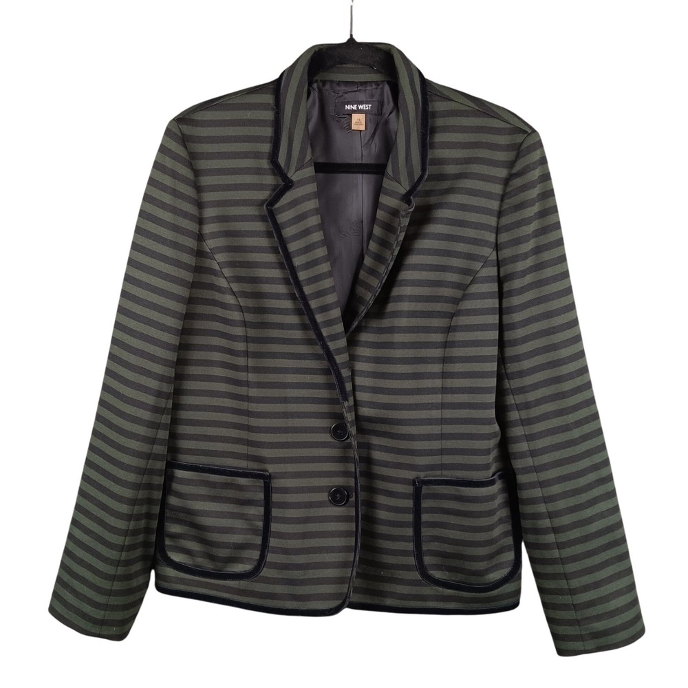 Nine West Women's Blazer Size 14 Olive Green Black Striped Career Jacket